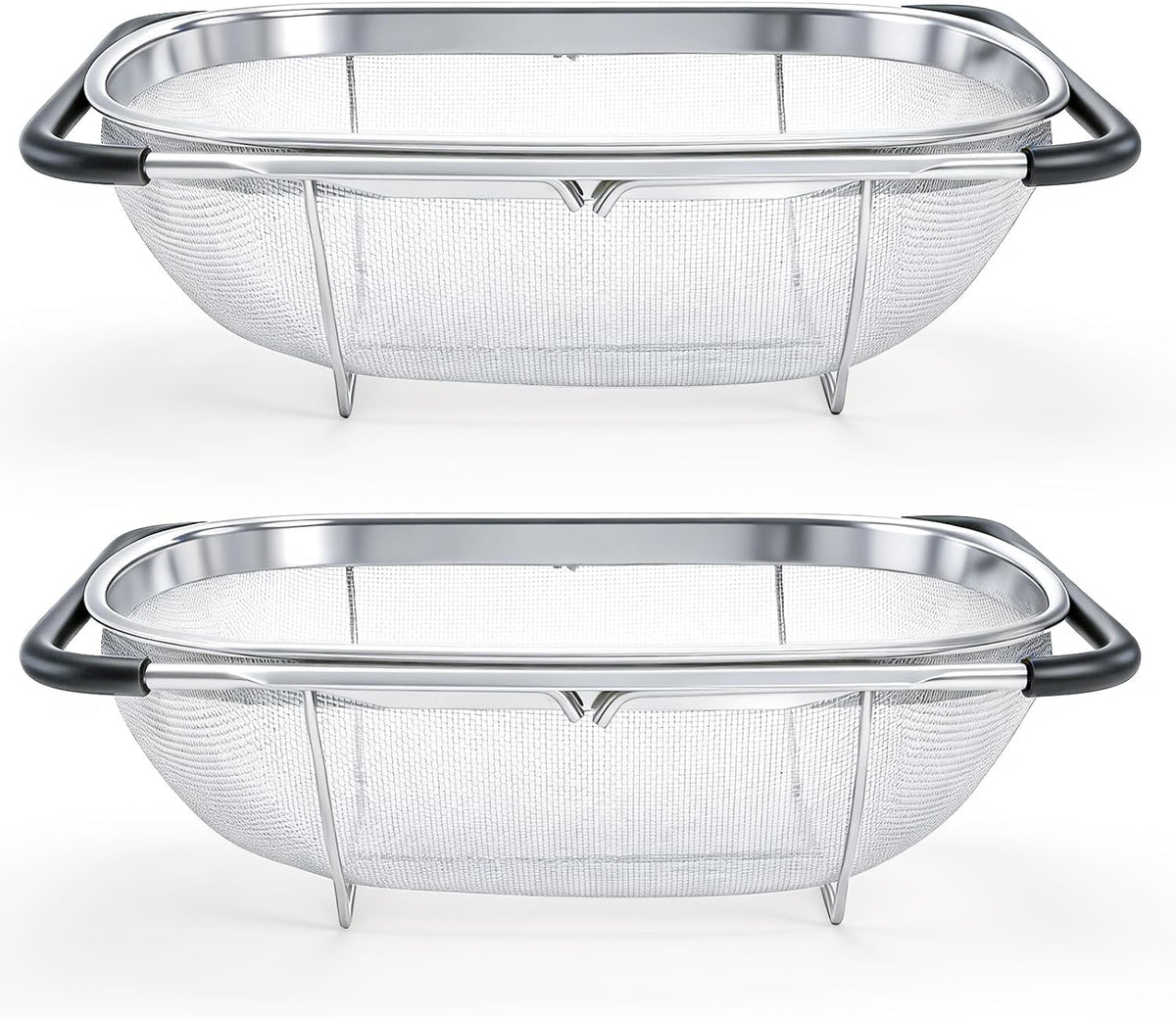 2 Pack Over the Sink Oval Colander for Kitchen, Stainless Steel Fine Mesh 6 Quart Strainer Basket with Expandable Rubber Grip Handles for Straining, Draining, Rinsing Fruits, Vegetables