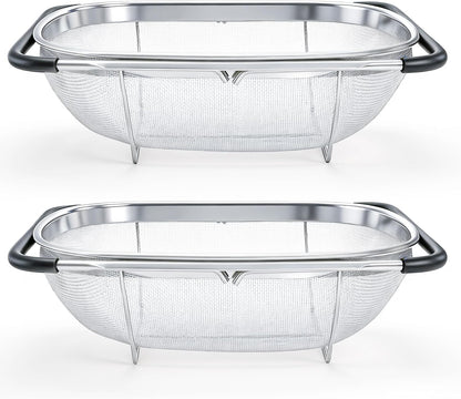 2 Pack Over the Sink Oval Colander for Kitchen, Stainless Steel Fine Mesh 6 Quart Strainer Basket with Expandable Rubber Grip Handles for Straining, Draining, Rinsing Fruits, Vegetables