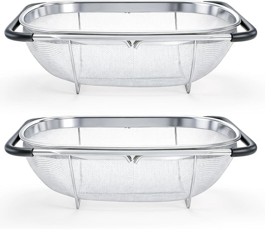 2 Pack Over the Sink Oval Colander for Kitchen, Stainless Steel Fine Mesh 6 Quart Strainer Basket with Expandable Rubber Grip Handles for Straining, Draining, Rinsing Fruits, Vegetables