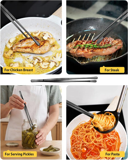 4 Pcs Fine Long Tweezer Tongs Professional Black, 12'' and 10'' Stainless Steel for Kitchen, Food, Cooking, Repairing, Sea food and BBQ