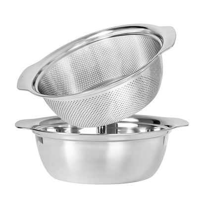 Paoli 304 Stainless Steel Fine Mesh Colander Set, 2QT Large Capacity Strainer with Mixing Bowl — Rinse Fruits, Veggies, Rice & Drain Pasta, Dishwasher Safe (2-Piece)
