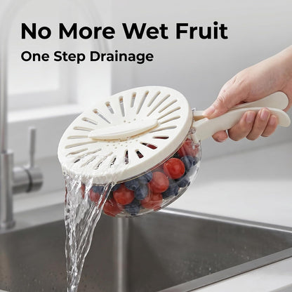 Multifunctional Fruit Washing Bowl with Strainer,2 in 1 Drain basket and Fruit Strainer Container with Lid,Fruit Washer Bowl for Kitchen,Fridge,Picnic & Camping(1QT)