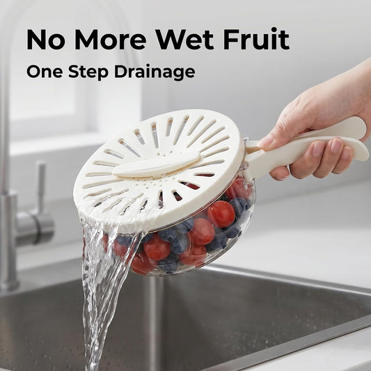 Multifunctional Fruit Washing Bowl with Strainer,2 in 1 Drain basket and Fruit Strainer Container with Lid,Fruit Washer Bowl for Kitchen,Fridge,Picnic & Camping(1QT)