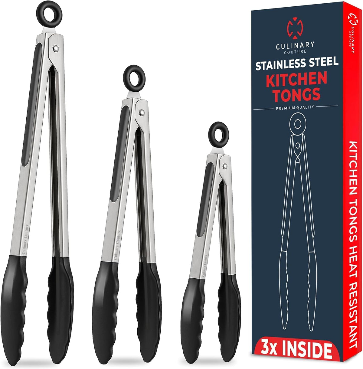 Kitchen Tongs - 12, 9 & 7 Inch Locking Silicone Tongs for Cooking, Set of 3