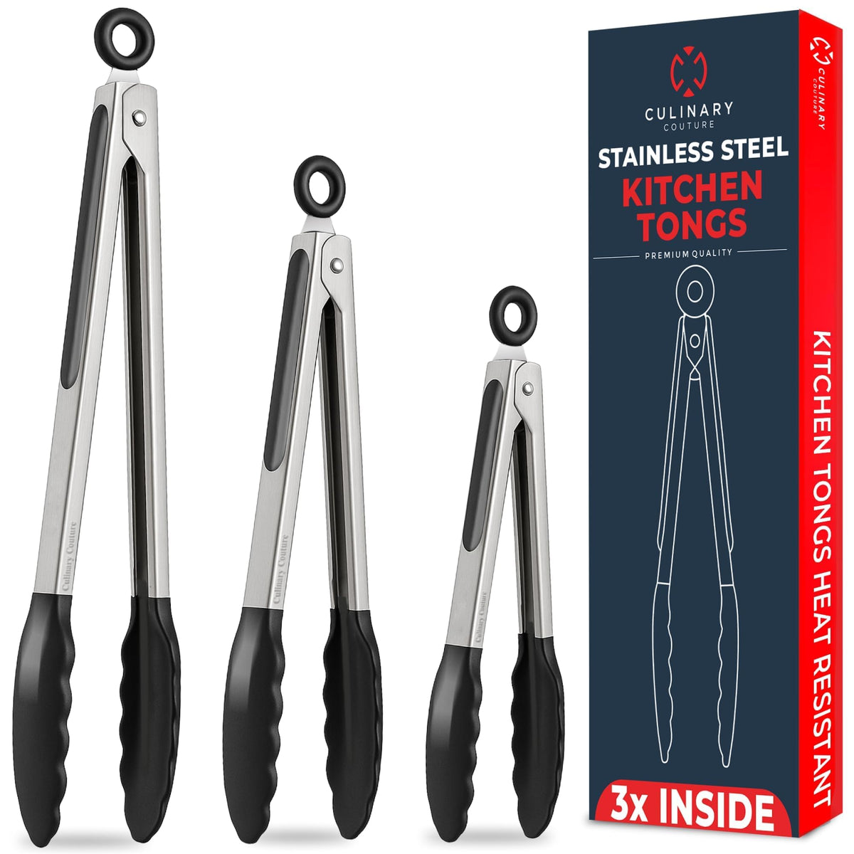 Kitchen Tongs - 12, 9 & 7 Inch Locking Silicone Tongs for Cooking, Set of 3