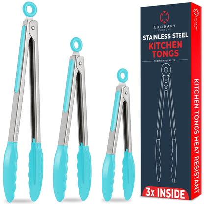 Kitchen Tongs - 12, 9 & 7 Inch Locking Silicone Tongs for Cooking, Set of 3