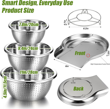 Palksky Stainless Steel Colander Set with Self-Draining Base, 3 Sizes Colanders & Food Strainers for Pasta, Rice, Fruits & Veggies, Metal Colander with Draining Plate for Sink or Countertop