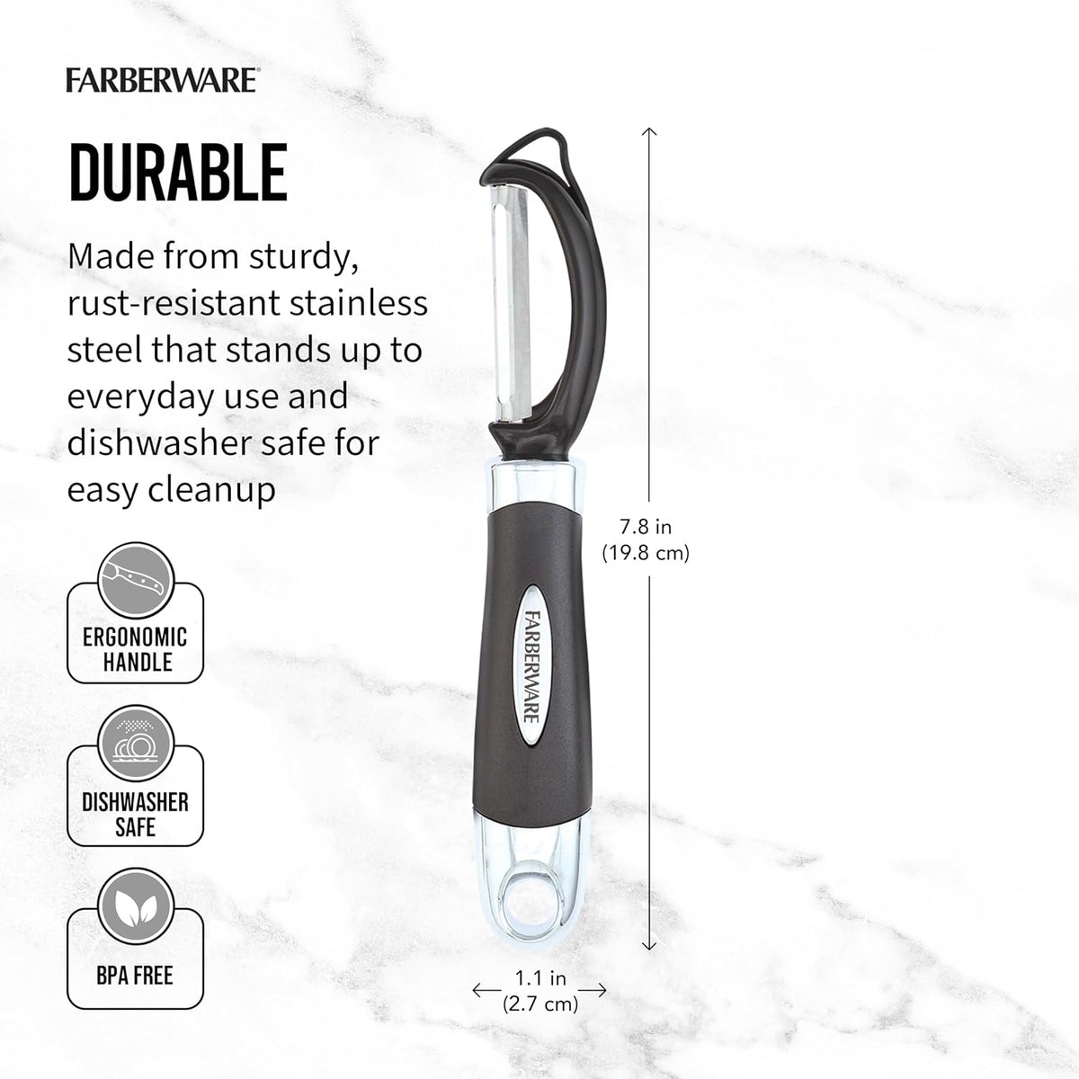 Farberware Pro2 Euro Vegetable Peeler with Swivel Blade and Built-In Bud Remover, Razor-Sharp Rust-Resistant Stainless Steel, Ergonomic Handle, Dishwasher Safe