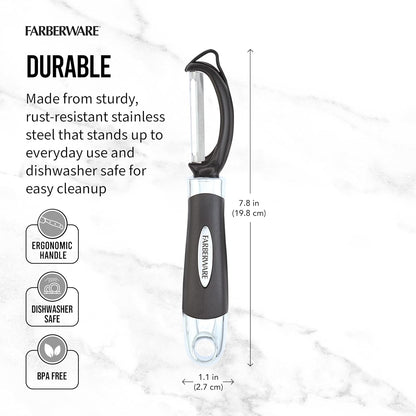 Farberware Pro2 Euro Vegetable Peeler with Swivel Blade and Built-In Bud Remover, Razor-Sharp Rust-Resistant Stainless Steel, Ergonomic Handle, Dishwasher Safe