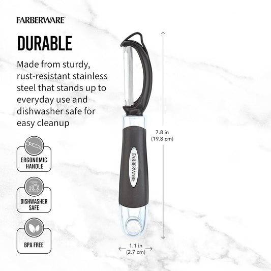 Farberware Pro2 Euro Vegetable Peeler with Swivel Blade and Built-In Bud Remover, Razor-Sharp Rust-Resistant Stainless Steel, Ergonomic Handle, Dishwasher Safe