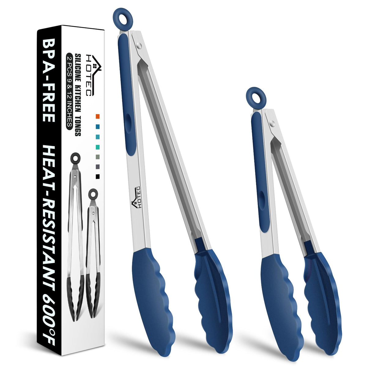 HOTEC Premium Stainless Steel Locking Kitchen Tongs with Silicon Tips, Set of 3-7", 9" and 12" (Gradient Blue)