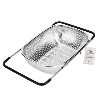 ZDRongZhen Kitchen Accessories Over the Sink Colander Strainer Basket，Stainless Steel Colander with Expandable Rubber Grip Sink Drainer-Rinse Vegetables Fruits &Strain&Drain (Large-Fine mesh)