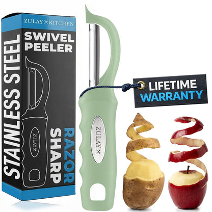 Zulay Kitchen Premium Vegetable Peeler for Kitchen - Swivel Peeler with Razor Sharp Stainless Steel Blades & Strong Ergonomic Handle - Dishwasher Safe, Easy To Use with Blemish Remover - Black