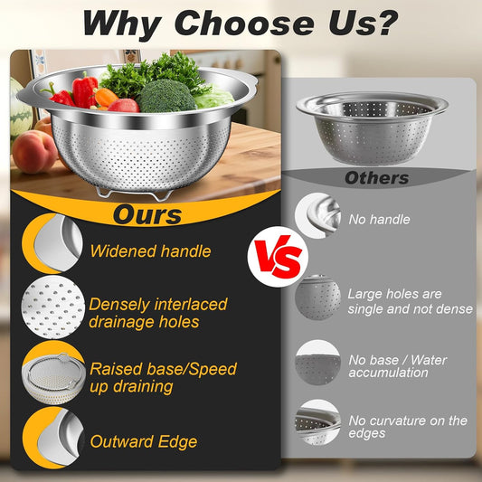 Colander, Stainless Steel Colander for Kitchen, 3Pcs Kitchen Gadget Food Strainer Basket with Handle, Kitchen Strainer Colanders Bowl for Pasta Noodles Spaghetti Vegetables Fruit (2QT, 3QT, 5QT)