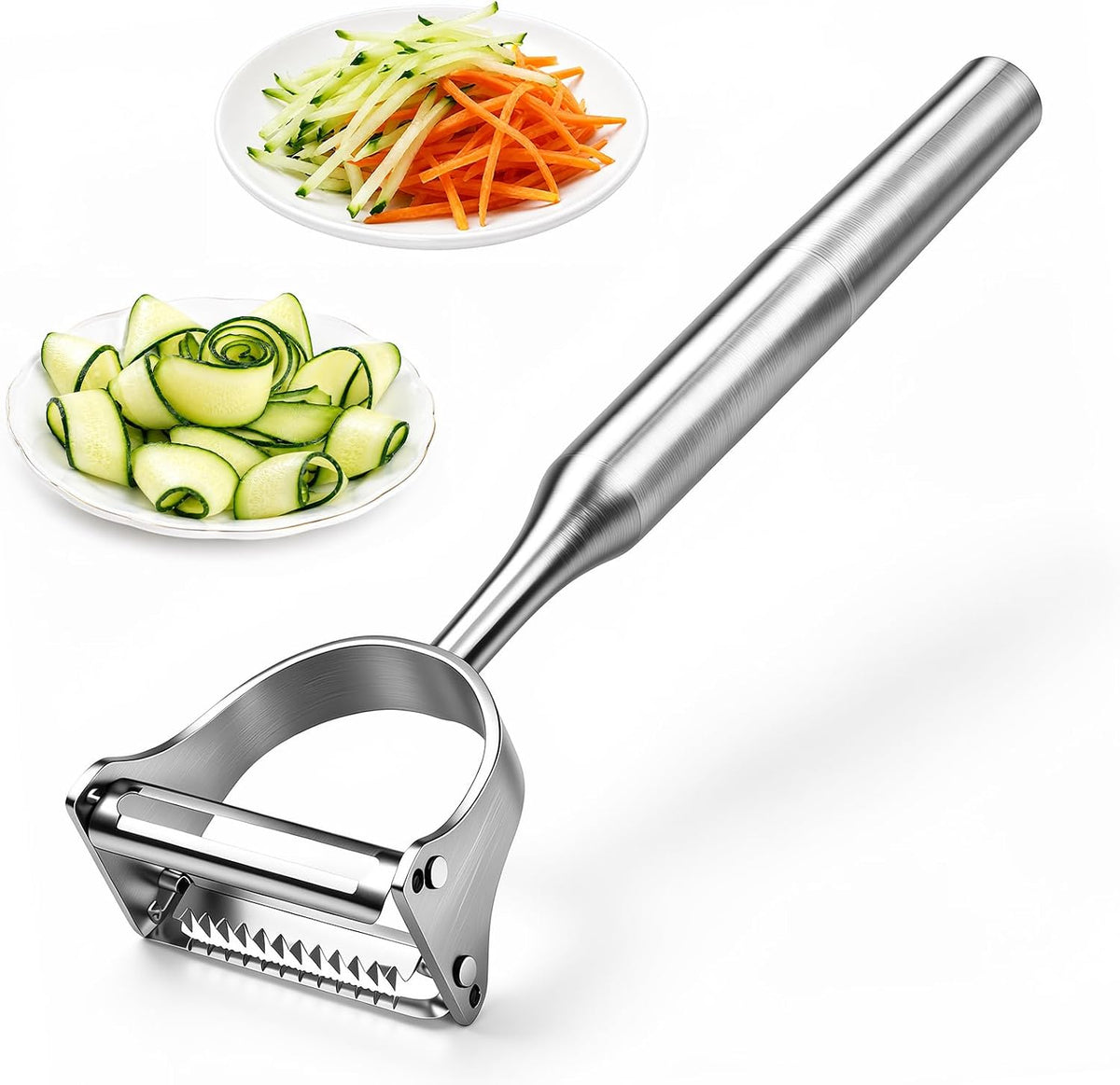 Stainless Steel Vegetable Peeler, 2-in-1 Peeler and Julienne Shredder Tool with Dual-Sided 420J2 Sharp Blade That Replaces Two Tools for Carrots, Cabbage, Potatoes, Cucumber, 5.6-Inch Ergonomic Handle
