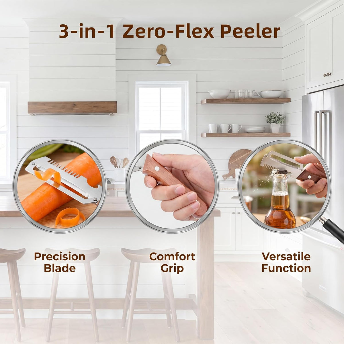 3-in-1 Vegetable Peeler, Julienne & Opener – Steel Blade, Wood Handle（Z1）