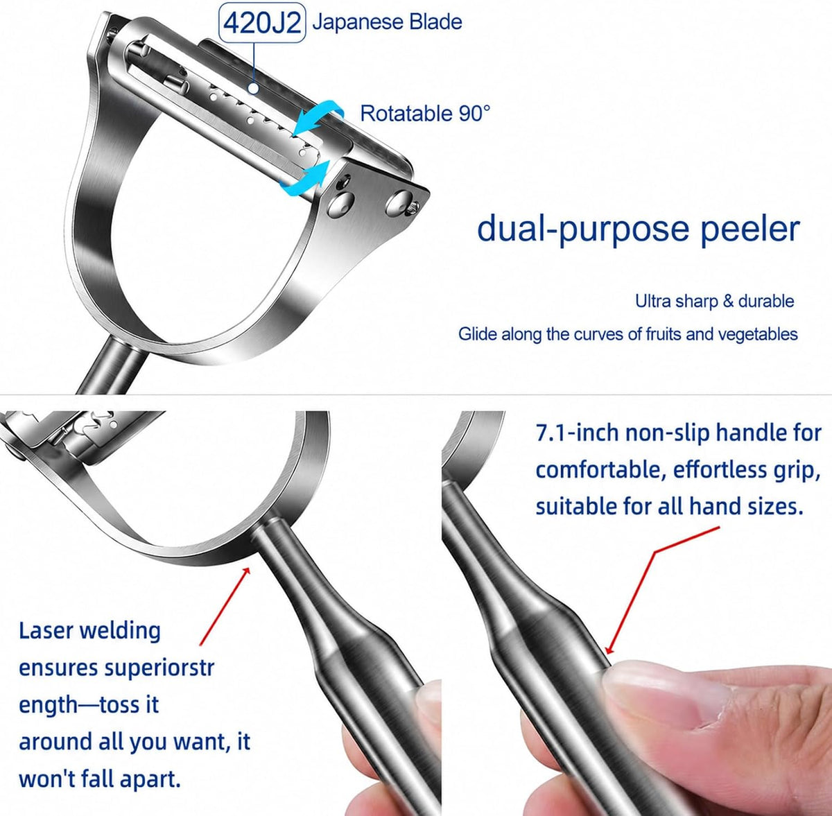 Stainless Steel Vegetable Peeler, 2-in-1 Julienne Peeler & Shredder for Kitchen, Heavy Duty Potato Peeler with Ergonomic Non-Slip Handle, Sharp Serrated Blade for Fruit, Carrot, Cabbage