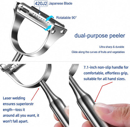 Stainless Steel Vegetable Peeler, 2-in-1 Julienne Peeler & Shredder for Kitchen, Heavy Duty Potato Peeler with Ergonomic Non-Slip Handle, Sharp Serrated Blade for Fruit, Carrot, Cabbage