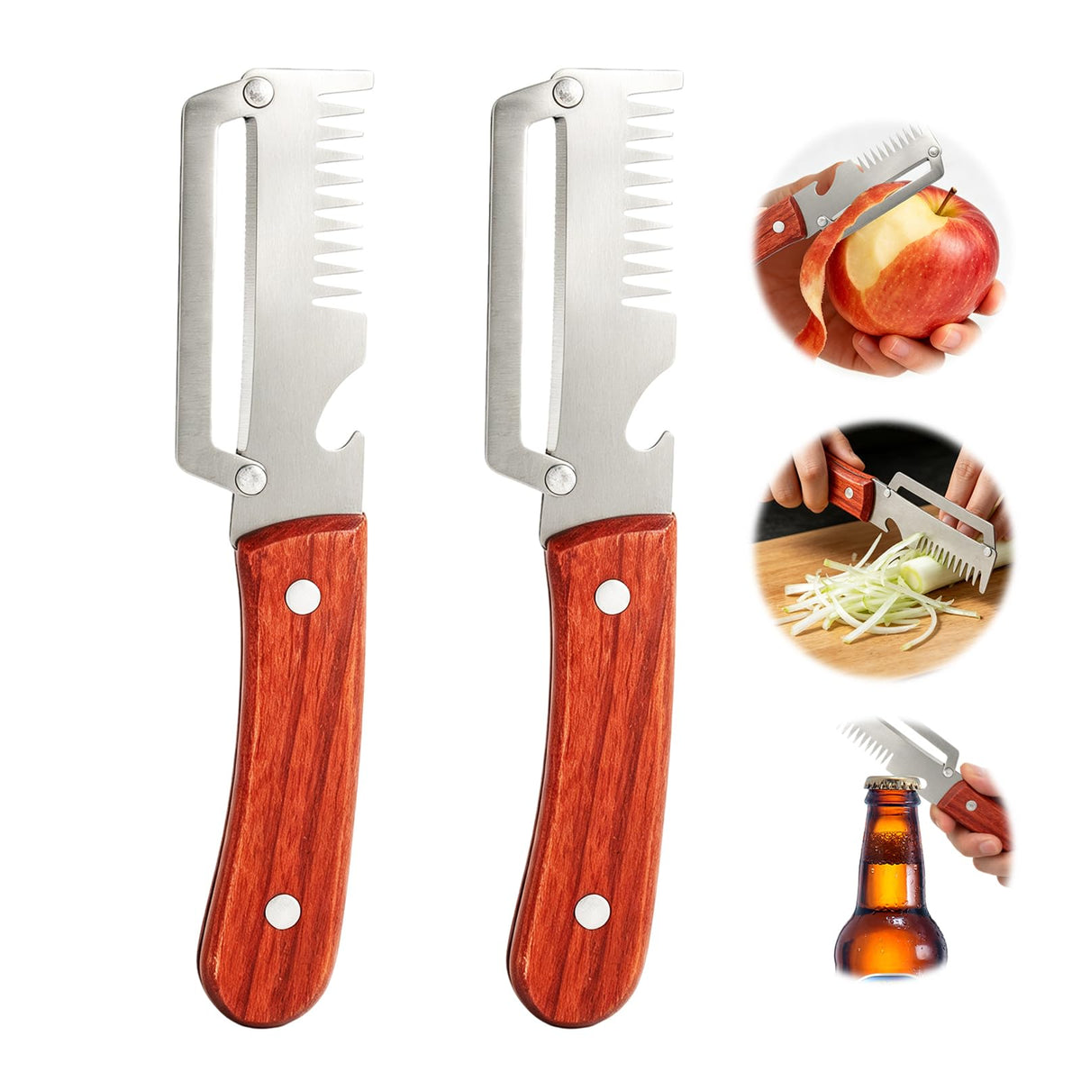 2-Pack 3-in-1 Vegetable Peelers for Kitchen with Wooden Handle, Stainless Steel Blades, Built-in Julienne Cutter & Bottle Opener, Fruit Peeler for Potato, Carrot, Apple, Cucumber & Pumpkin
