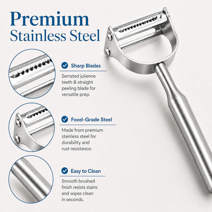 Stainless Steel Vegetable Peeler, 2-in-1 Julienne Peeler & Shredder for Kitchen, Heavy Duty Potato Peeler with Ergonomic Non-Slip Handle, Sharp Serrated Blade for Fruit, Carrot, Cabbage