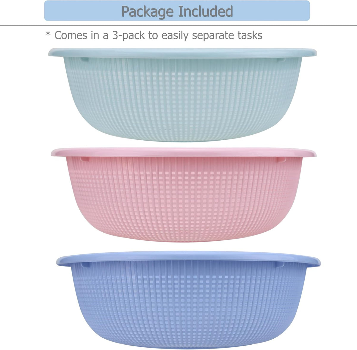 EIKS 3-Pack Plastic Colander Baskets, Fine Mesh Sieve