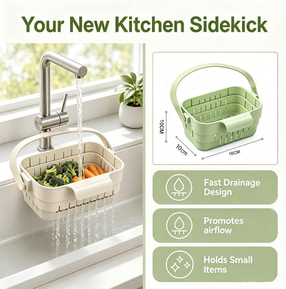 Foldable Hanging Sink Drain Basket, Stretchable Kitchen Colander with Handle, Space Saving Multi-functional Kitchen Storage Basket Draining for Food, Fruits, Vegetables, Utensils(White)