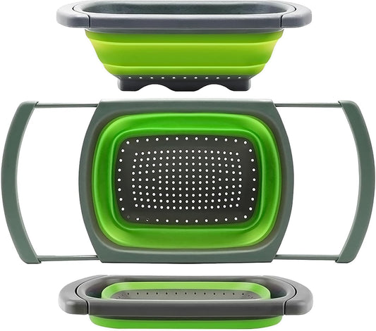 Qimh Colander collapsible, Colander Strainer Over The Sink Vegetable Fruit Strainer Basket (6 Quart) with Extendable Handles, New Kitchen Essentials