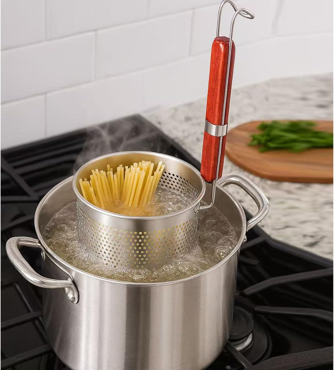 3PCs Mesh Pasta Basket Food Strainer Insert For Pot, Colander with Round Wooden Handle Stainless Steel Mesh Spider Strainer for Pasta Noodles Dumpling Vegetable