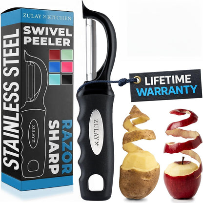 Zulay Kitchen Premium Vegetable Peeler for Kitchen - Swivel Peeler with Razor Sharp Stainless Steel Blades & Strong Ergonomic Handle - Dishwasher Safe, Easy To Use with Blemish Remover - Black