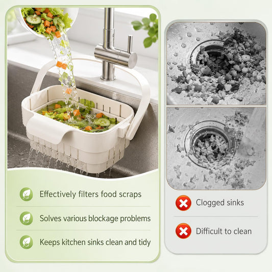 Foldable Hanging Kitchen Sink Drain Basket, 2026 Upgraded Foldable Kitchen Sink Strainer, Stretchable Kitchen Colander, No-Drill Hanging Drain For Fruit Vegetable Washing Rice Rinsing (Green)