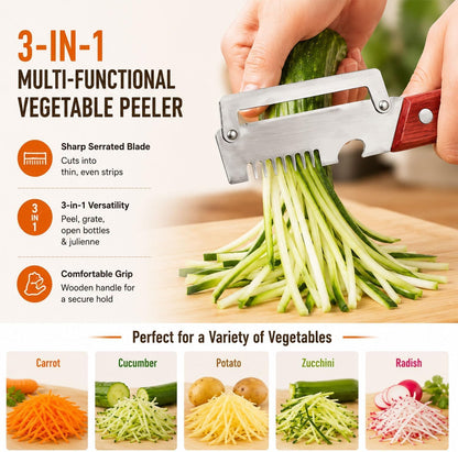 2026 Upgrade Vegetable Peeler With Wooden Handle, Stainless Steel Wide Blade Potato and Carrot Peeler, 3-in-1 Veggie Peeler With Scallion Shredder and Bottle Opener for Kitchen, Camping and Trave
