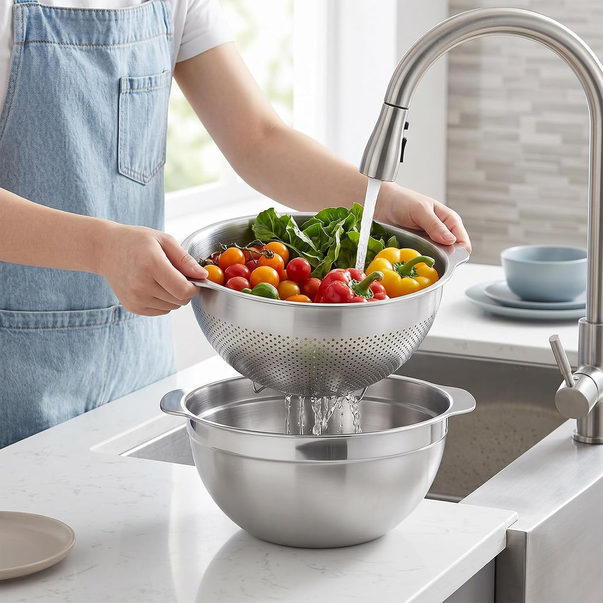 18/8 Stainless Steel Drain Basket with Mixing Bowl, 5QT Large Capacity, Metal Colander and Bowl Set with Handle, Micropore Strainer for Draining Washing Rice Fruit Vegetable, Dishwasher Safe