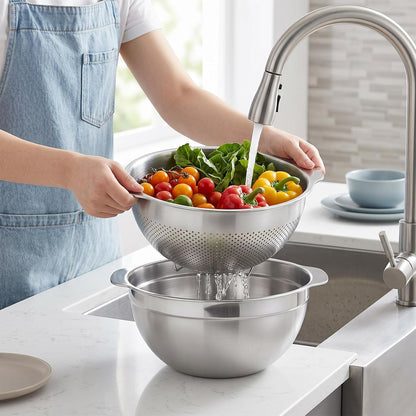 18/8 Stainless Steel Drain Basket with Mixing Bowl, 5QT Large Capacity, Metal Colander and Bowl Set with Handle, Micropore Strainer for Draining Washing Rice Fruit Vegetable, Dishwasher Safe