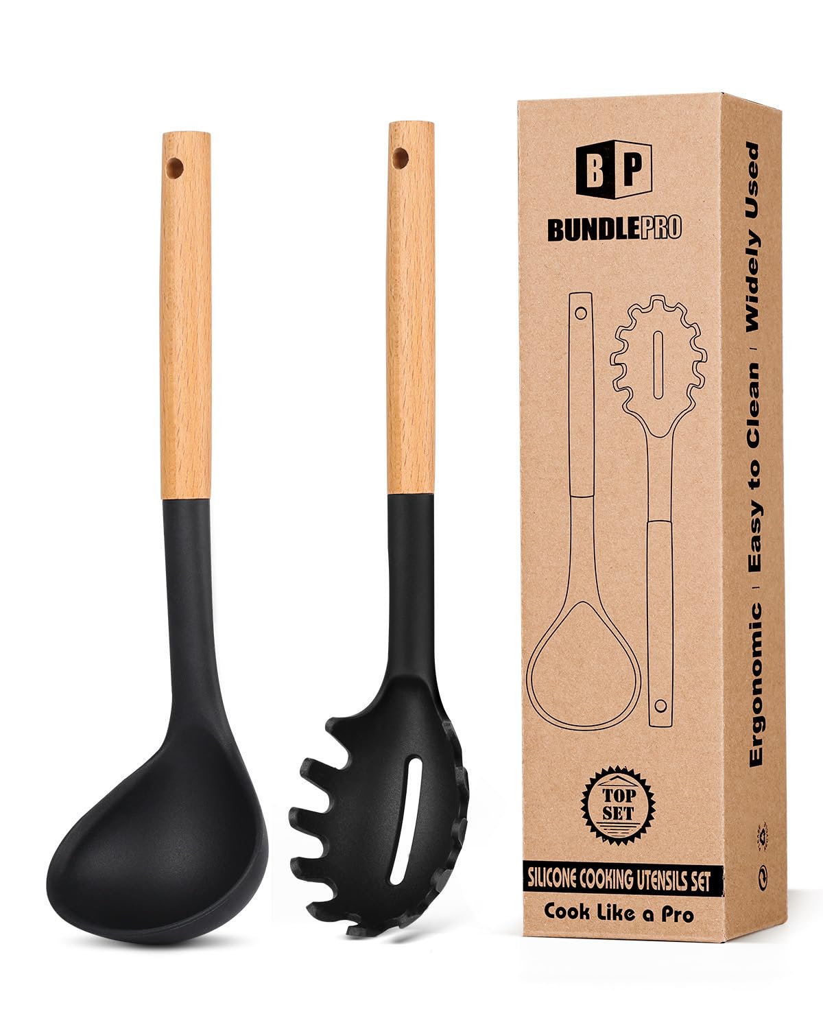 BUNDLEPRO Silicone Soup Ladle and Pasta Spoon Set with Wooden Handle