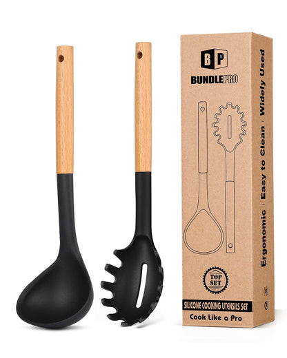 BUNDLEPRO Silicone Soup Ladle and Pasta Spoon Set with Wooden Handle