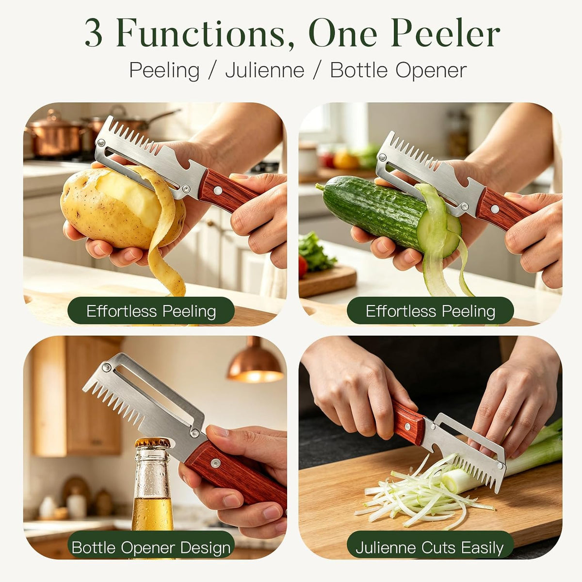 2-Pack 3-in-1 Vegetable Peelers for Kitchen with Wooden Handle, Stainless Steel Blades, Built-in Julienne Cutter & Bottle Opener, Fruit Peeler for Potato, Carrot, Apple, Cucumber & Pumpkin