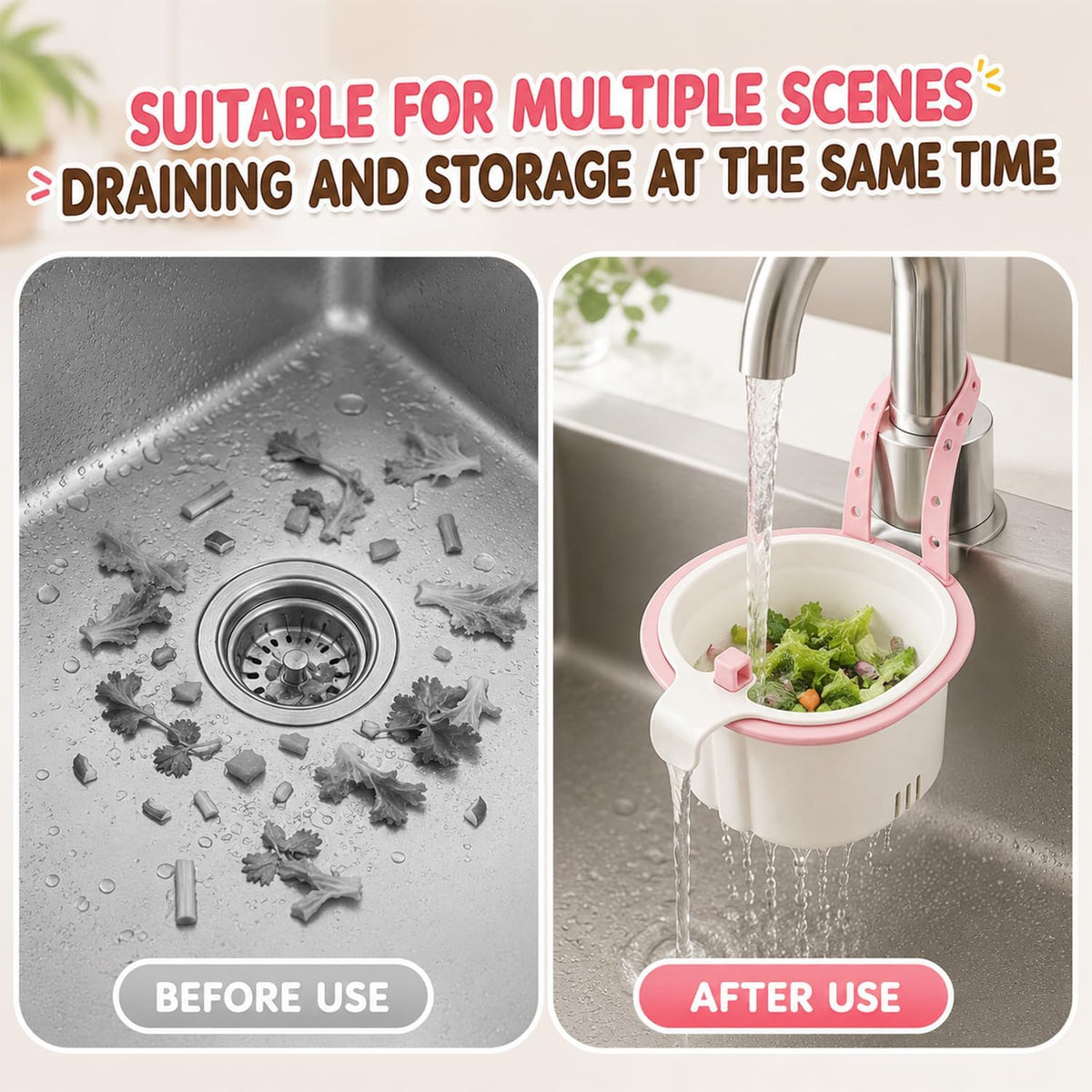 2Pcs 2026 New Cactus Kitchen Sink Strainer Basket, Hanging Sink Drain Basket, Multifunctional Hanging Sink Drain Basket, Household Kitchen Sink Food Waste Filter Basket, Green + Pink