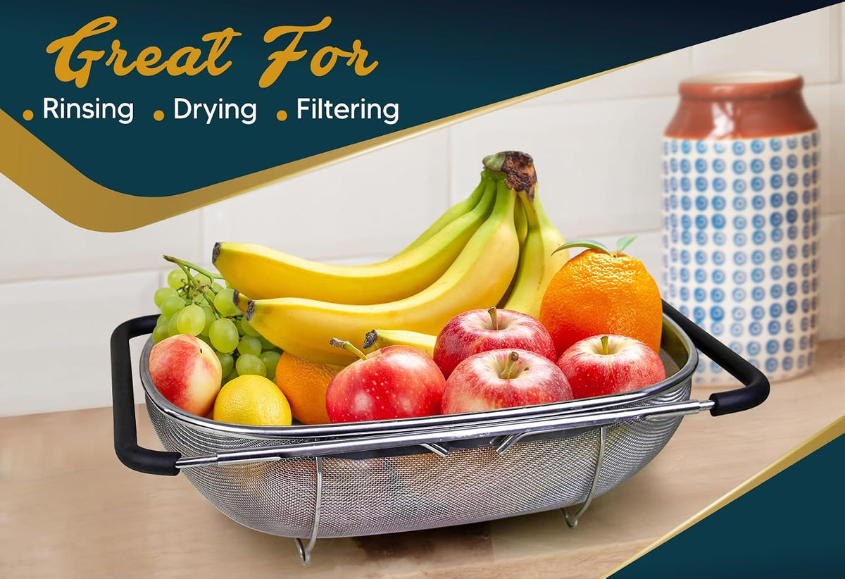 Over the Sink Colander for Kitchen - 6 Quart Over the Sink Strainer Basket with Extendable Ergonomic Handles and Resting Feet - Multipurpose Fine Mesh Strainer for Kitchen