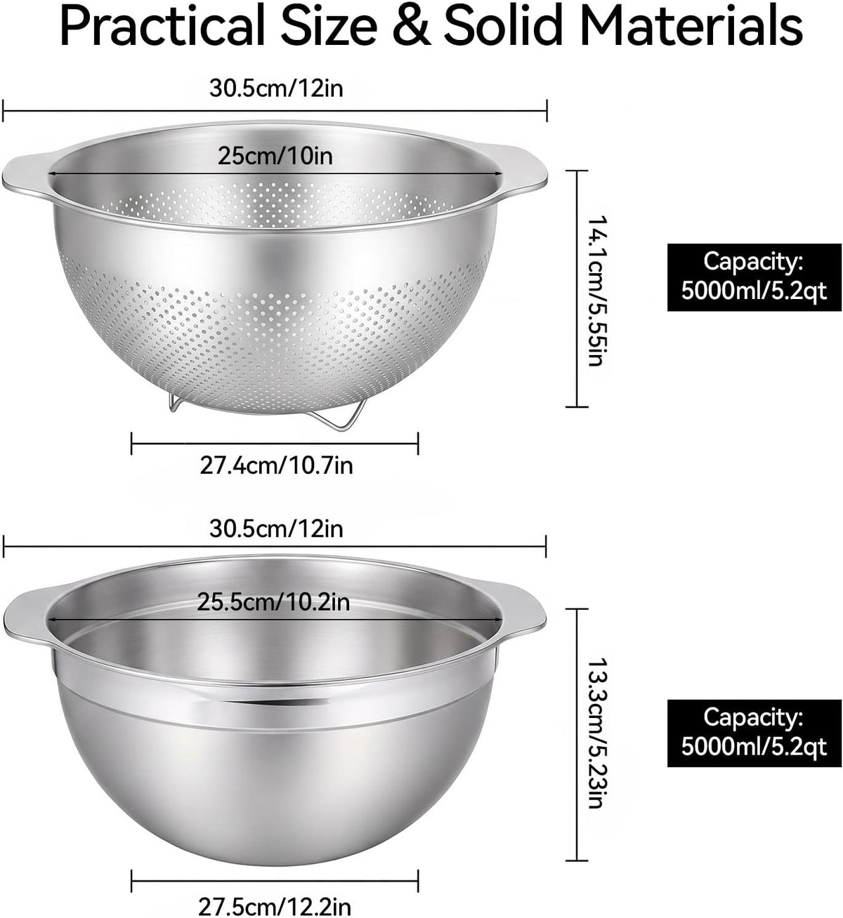18/8 Stainless Steel Drain Basket with Mixing Bowl, 5QT Large Capacity, Metal Colander and Bowl Set with Handle, Micropore Strainer for Draining Washing Rice Fruit Vegetable, Dishwasher Safe