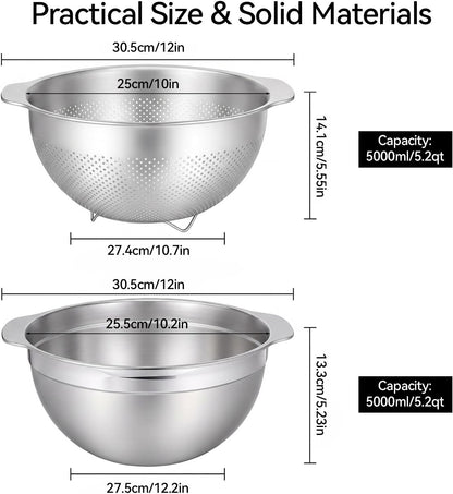 18/8 Stainless Steel Drain Basket with Mixing Bowl, 5QT Large Capacity, Metal Colander and Bowl Set with Handle, Micropore Strainer for Draining Washing Rice Fruit Vegetable, Dishwasher Safe