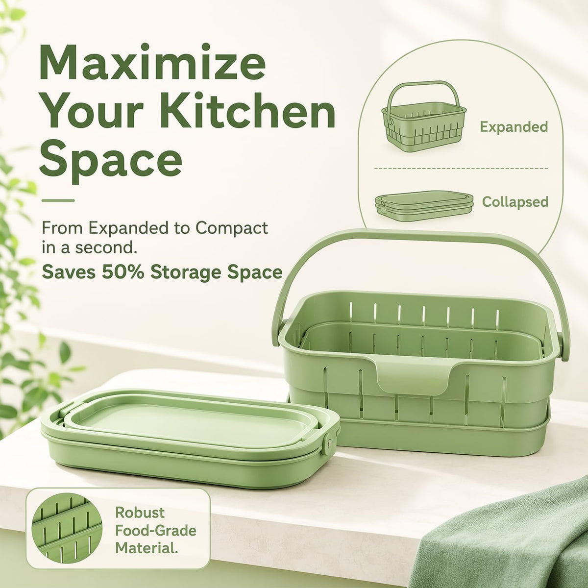 Foldable Hanging Kitchen Sink Drain Basket, 2026 Upgraded Foldable Kitchen Sink Strainer, Stretchable Kitchen Colander, No-Drill Hanging Drain For Fruit Vegetable Washing Rice Rinsing (Green)