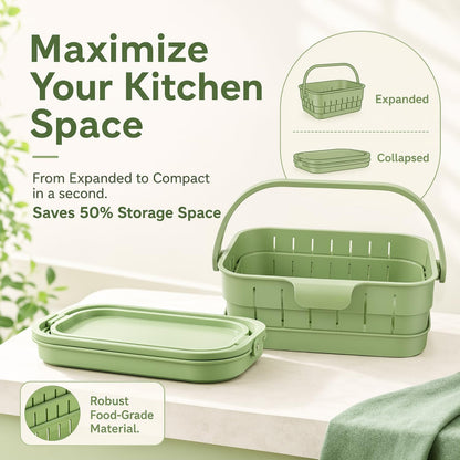 Foldable Hanging Kitchen Sink Drain Basket, 2026 Upgraded Foldable Kitchen Sink Strainer, Stretchable Kitchen Colander, No-Drill Hanging Drain For Fruit Vegetable Washing Rice Rinsing (Green)
