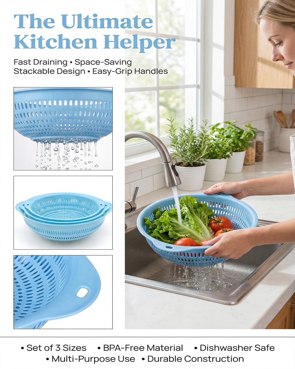 Washing basket, round perforated strainer, washing vegetables and fruits, draining cooked noodles with handle, kitchen food filter basket, plastic filter basket, cooking (3PCS blue)