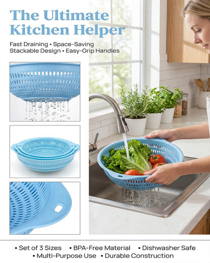 Washing basket, round perforated strainer, washing vegetables and fruits, draining cooked noodles with handle, kitchen food filter basket, plastic filter basket, cooking (3PCS blue)