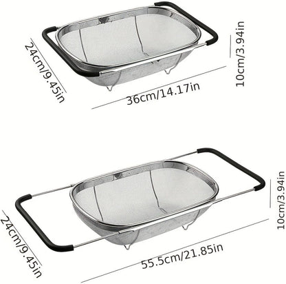 NikLye Stainless Steel Over the Sink Colander Basket with Expandable Handles, 6 Quart Fine Mesh Strainer for Pasta, Vegetables and Rice