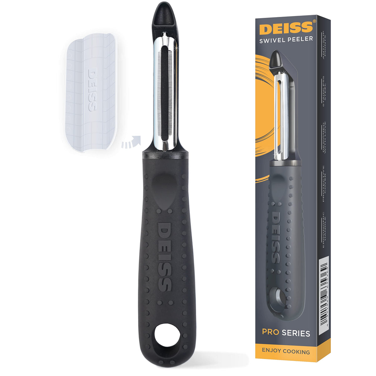 Deiss PRO Swivel Vegetable Peeler - Sharp Stainless Steel Peeler With Easy Non-Slip Hand Grip, Potato Peelers For Kitchen, Fruit, Carrot, Apple, Veggie, Kiwi, Durable, And Dishwasher Safe (ORANGE)