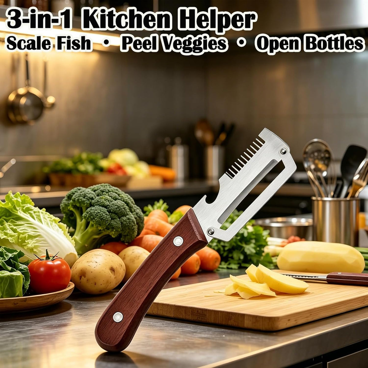 Hendiy 3-in-1 Vegetable Peeler, Wood Handle Stainless Steel Wide Blade Peeler with Scallion Shredder & Bottle Opener, Ultra-Sharp Multi-Function Veggie Peeler for Kitchen, Camping & Travel (1 Pack)