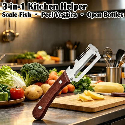 Hendiy 3-in-1 Vegetable Peeler, Wood Handle Stainless Steel Wide Blade Peeler with Scallion Shredder & Bottle Opener, Ultra-Sharp Multi-Function Veggie Peeler for Kitchen, Camping & Travel (1 Pack)