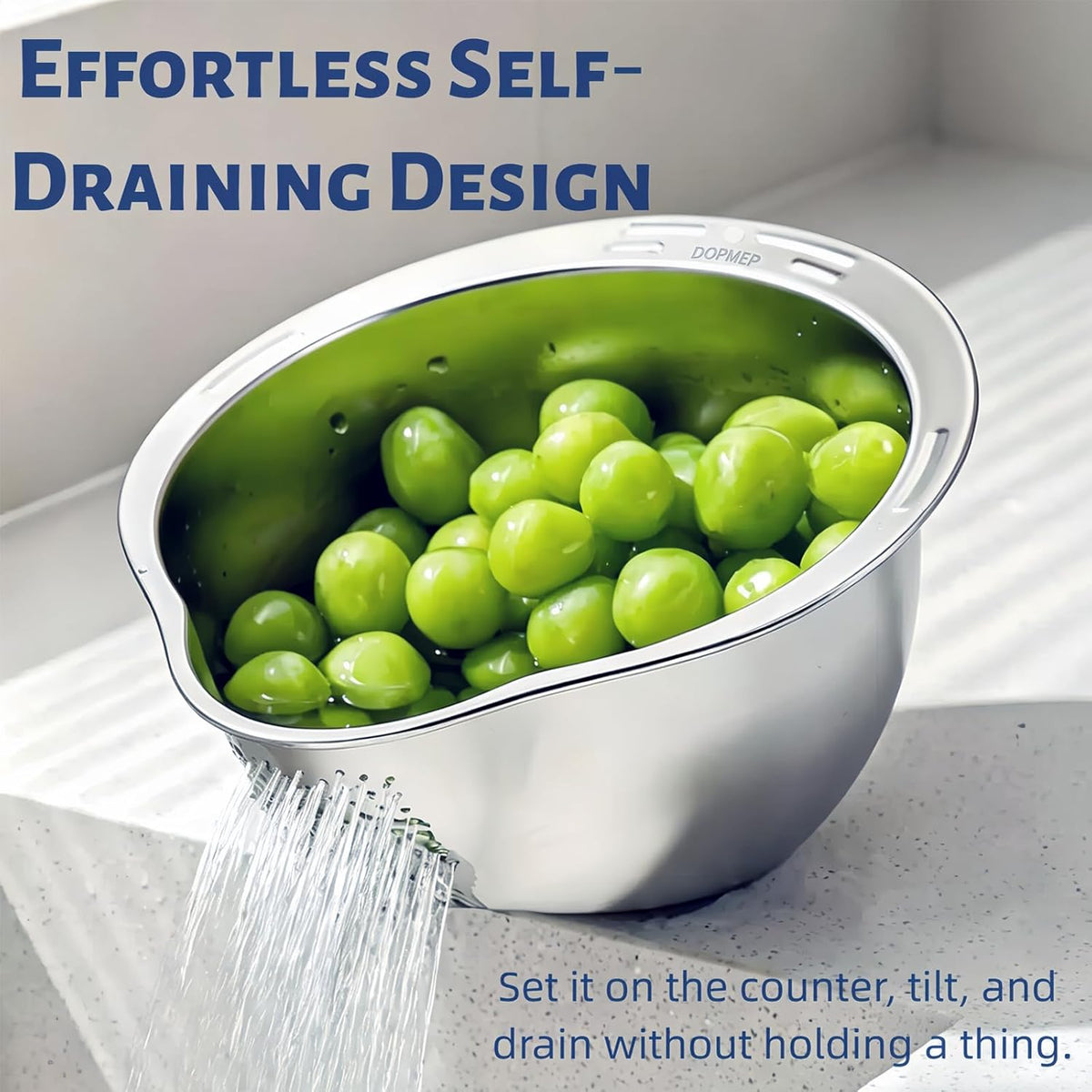 DOPMEP Rice Washer Strainer Bowl Stainless Steel Colander with Side Drainer