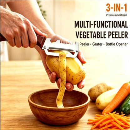 2PCS Multi-Functional Vegetable Peeler for Kitchen, 3 in 1 Stainless Steel Blade with Wooden Handle and Bottle Opener, Kitchen Gadgets Tool for Fruit Peeling Potato Carrot Veggie Peeler (A)